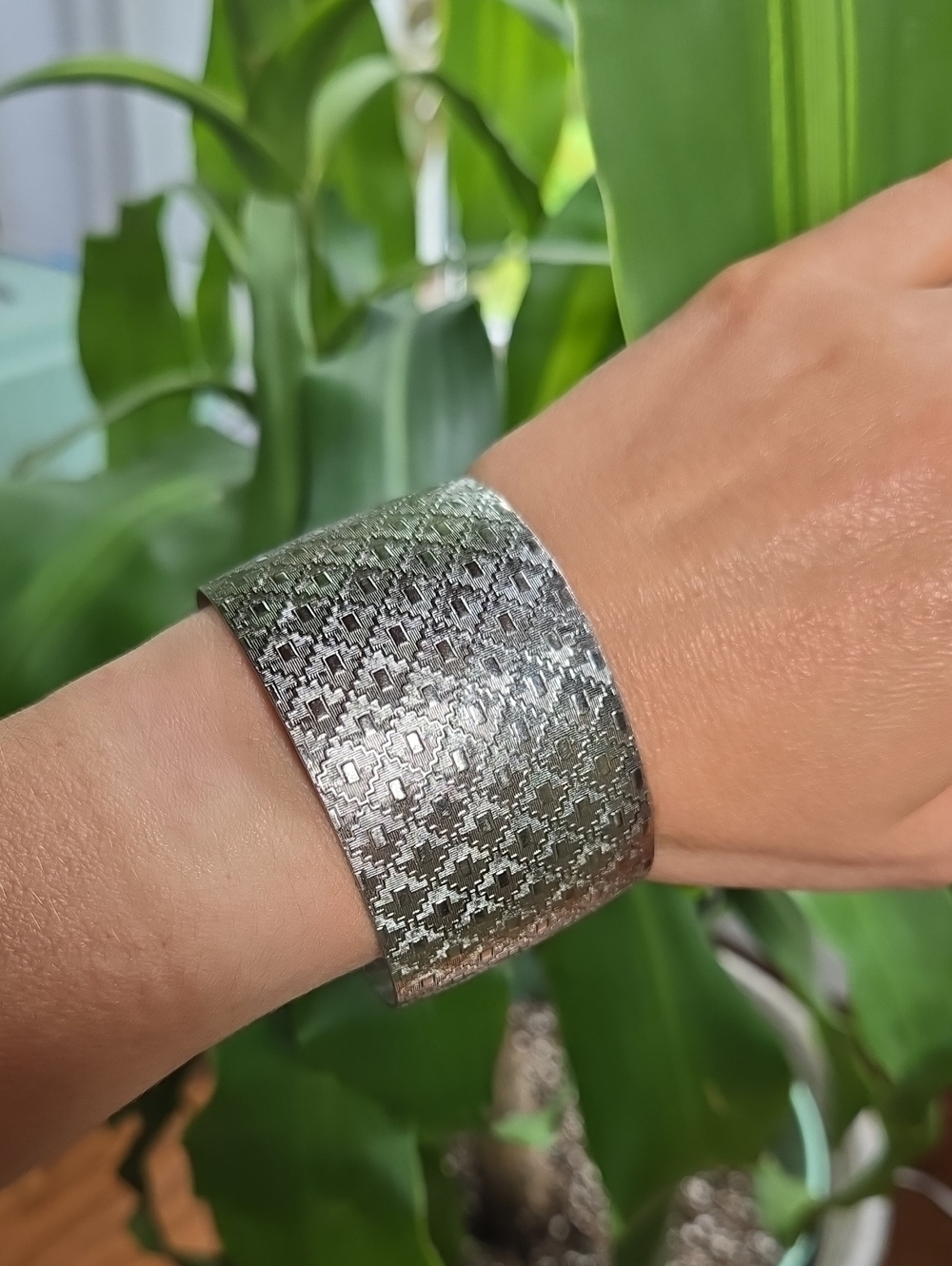 Silver Textured Wide Cuff Bracelet - Elegant Women's Accessory